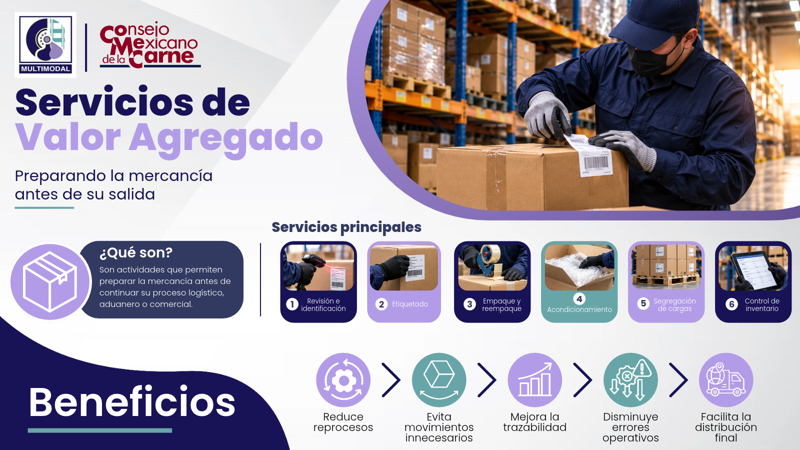 Servicios de Valor Agregado. Servicios que preparan la mercancía antes de su salida: revisión e identificación, etiquetado, empaque, acondicionamiento, segregación y control de inventario.
